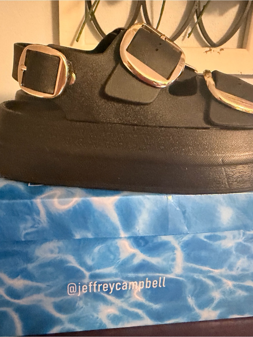 Jeffrey Campbell Black Platform Sandals with Gold Buckles - Picture 3 of 7